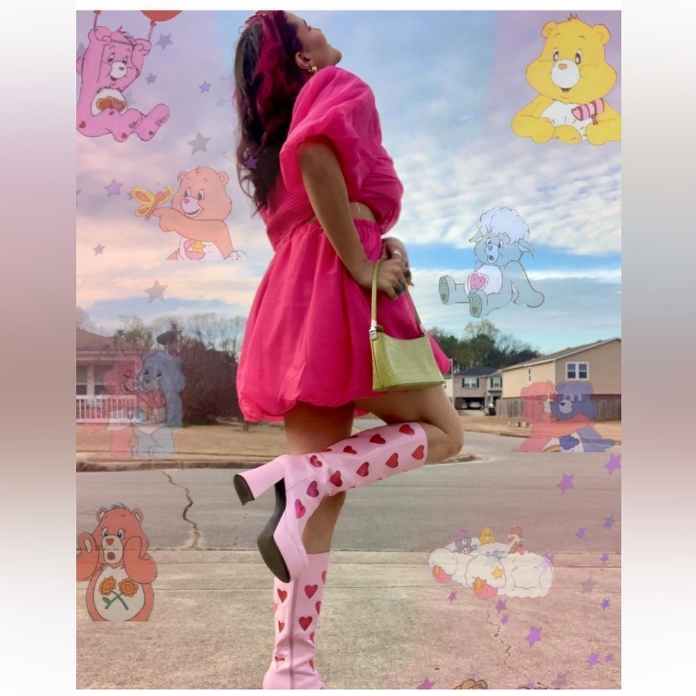 Elegant Pink Chiffon puff sleeve cut out Dress